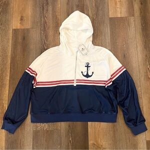 Y2K Nautical ANCHOR Half Zip Hoodie Jacket Pullover Cropped Women's XL Oversized